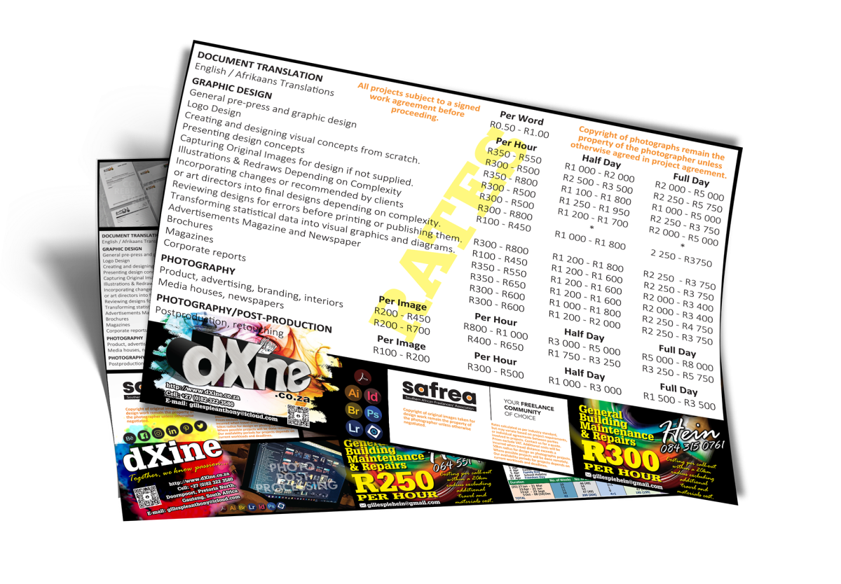 Service rates for dXine.co.za on an A4 flyer contracted by a dark colour on a transparent backdrop.