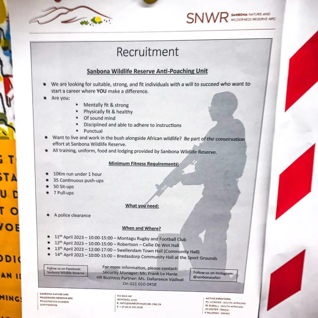 A photograph of a vacancy at Sanbona Wildlife Reserve pinned to the notice board at Checkers, Swellendam, Western Cape, South Africa. B&W printing on white paper. Apply to become a wildlife hero.