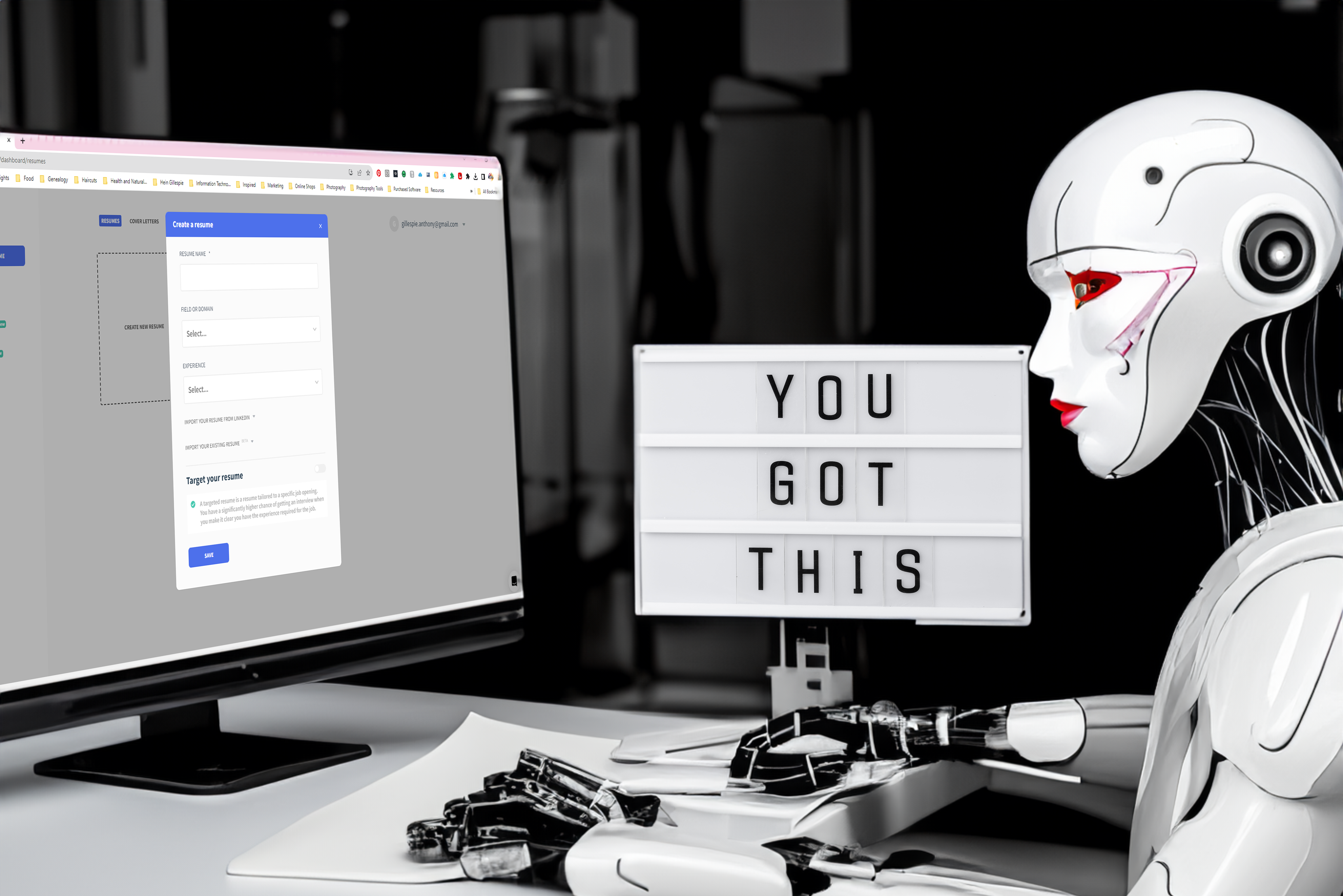 A robot with a sign that says you got this while creating a resume for a job applicant on Rezi.