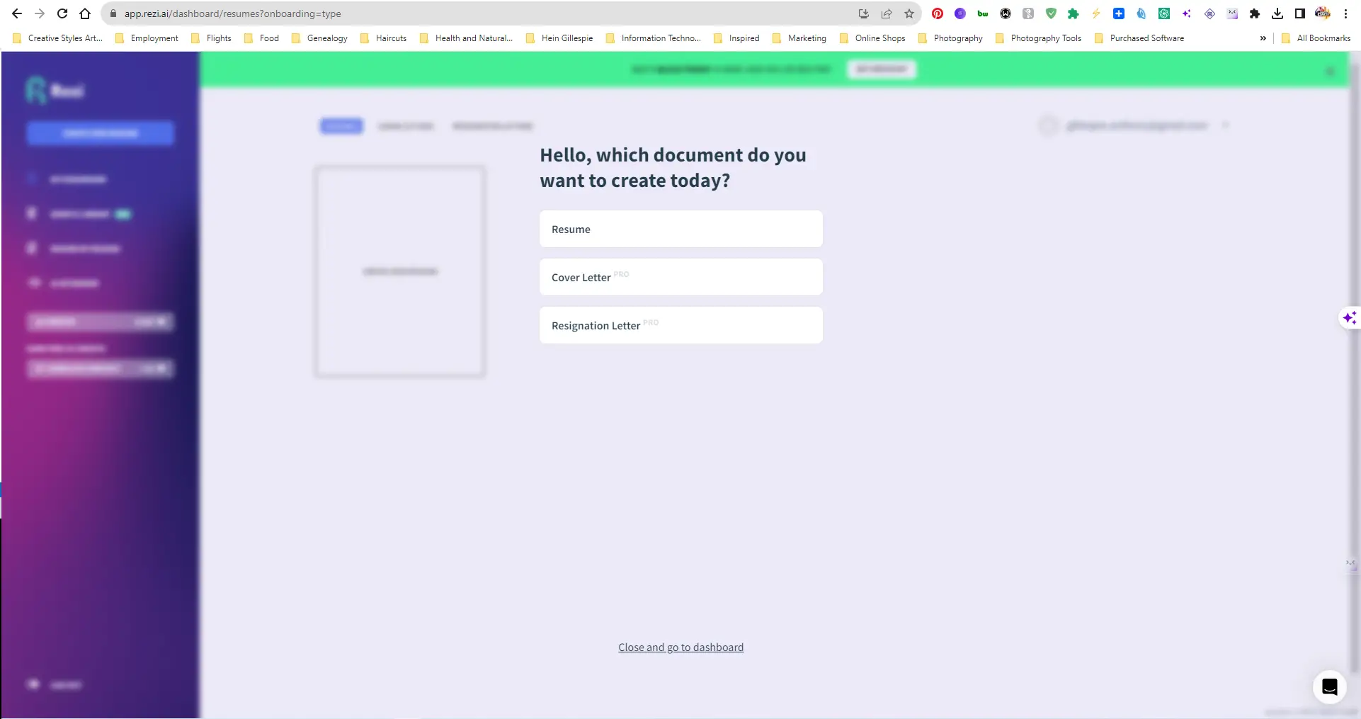 A screenshot of the computer screen when you open the Rezi app as a job seeker.