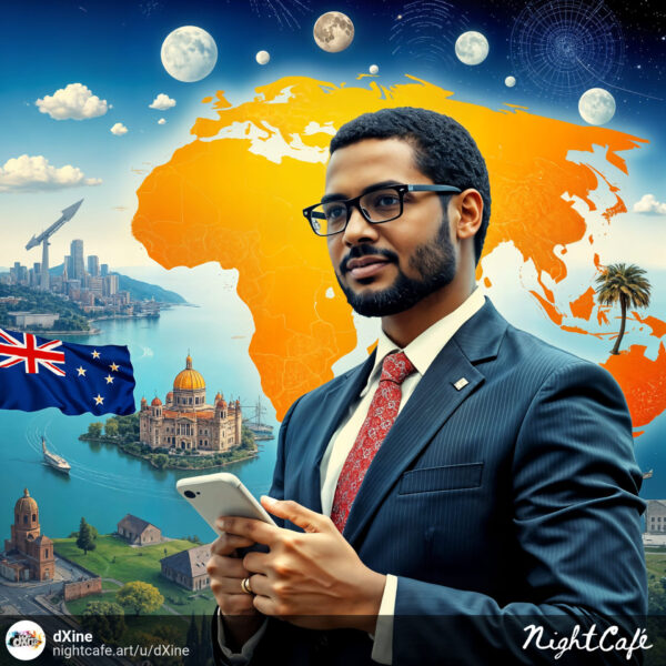 A professional man in a suit and glasses holds a smartphone against a backdrop featuring a world map, various global landmarks (including a cityscape, a dome-shaped building, and a palm tree), and celestial bodies. The image visually represents global connectivity and professional advancement.