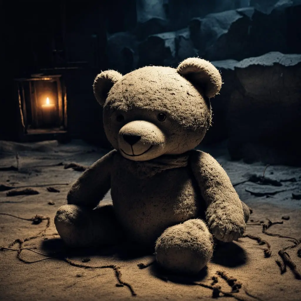 "Lonely teddy bear sitting on a sandy surface in dim candlelight with rocky background.