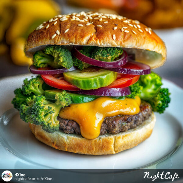 A vibrant Superfood Burger on a white plate, featuring a beef patty (or plant-based) generously topped with melted orange cheese, fresh green broccoli florets, bright red tomato slices, crisp green cucumber slices, and deep purple red onion rings, all nestled within a sesame seed bun.