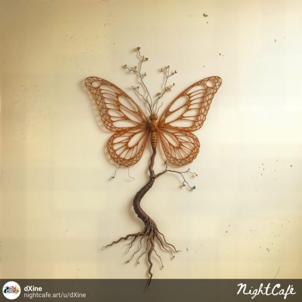 An intricate, warm-toned artwork depicting a butterfly with delicate, filigree wings emerging from a gnarled tree trunk with exposed roots.