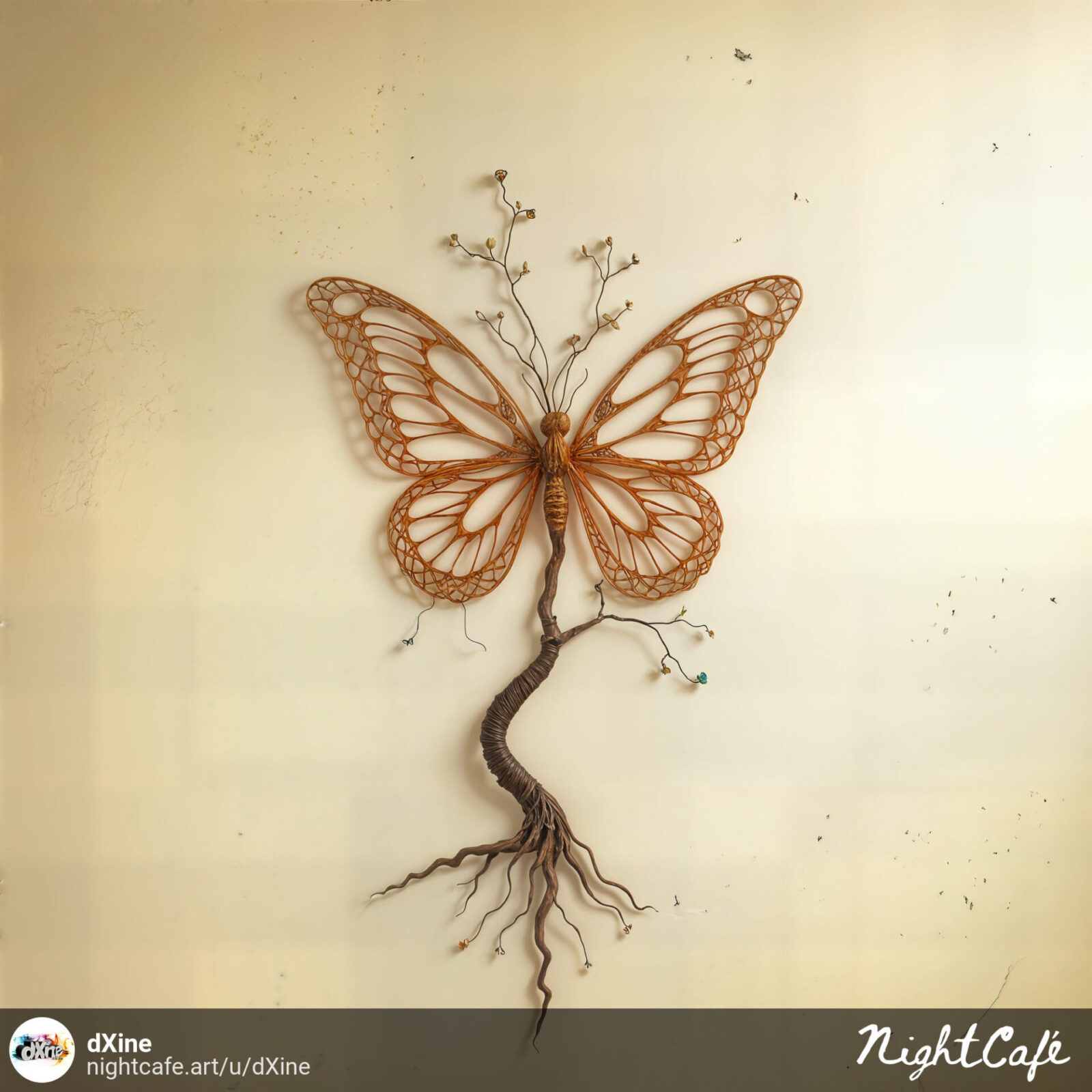 An intricate, warm-toned artwork depicting a butterfly with delicate, filigree wings emerging from a gnarled tree trunk with exposed roots.