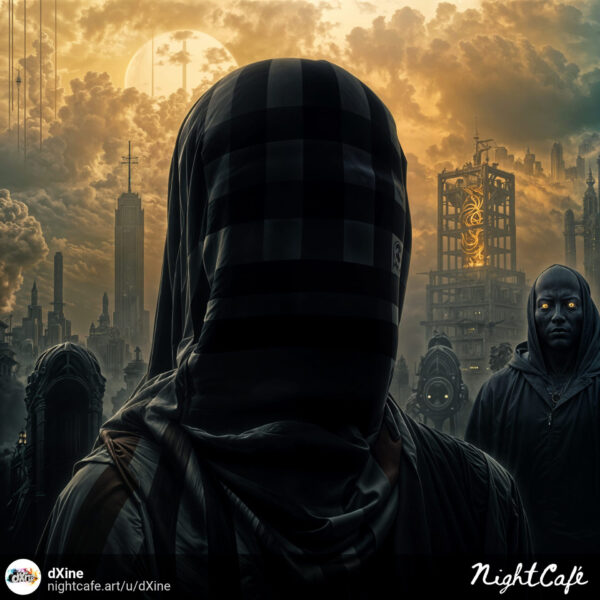A dark, moody artwork depicting a central figure with a obscured face and a checkered hood, standing before a futuristic, dystopian South African cityscape under an orange, cloudy sky. Other shadowy figures are visible.
