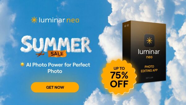 Luminar Neo summer sale promotional image with AI photo editing app box, text reading "Up to 75% off," and a call-to-action button "Get Now" against a bright blue sky with clouds.