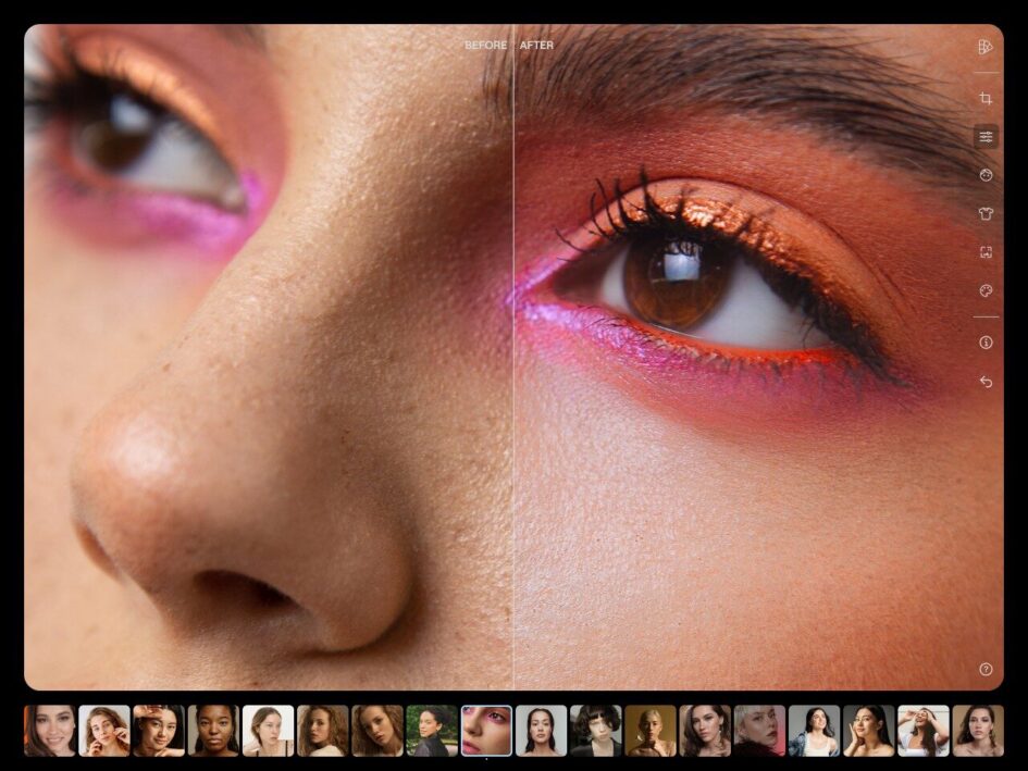 Close-up comparison of photo editing results showing skin texture and vibrant eye makeup, edited with Skylum Luminar.