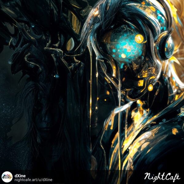 An abstract, futuristic image dominated by dark, metallic, and liquid-like textures in blues, golds, and blacks. A central glowing blue eye or luminous mechanism emanates light, while shadowy, indistinct humanoid forms are faintly visible on the left, blending into the dark background.